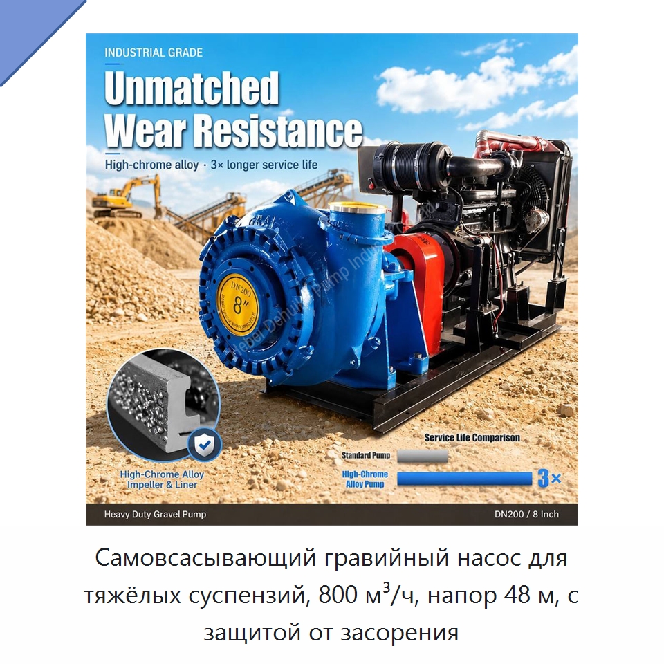 Самовсасывающий гравийный насос для тяжёлых суспензий, 800 м³/ч, напор 48 м, с защитой от засорения — Насосы