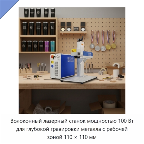 Волоконный лазерный станок мощностью 100 Вт для глубокой гравировки металла с рабочей зоной 110 × 110 мм