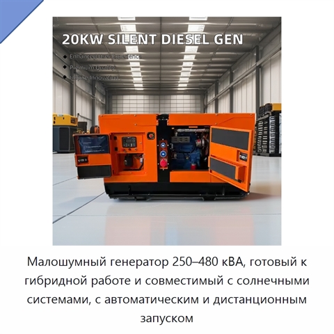 Малошумный генератор 250–480 кВА, готовый к гибридной работе и совместимый с солнечными системами, с автоматическим и дистанционным запуском