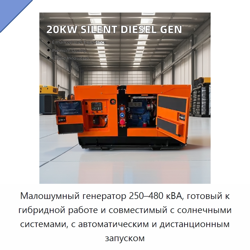 Малошумный генератор 250–480 кВА, готовый к гибридной работе и совместимый с солнечными системами, с автоматическим и дистанционным запуском — Дизельные генераторы