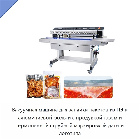 Вакуумная машина для запайки пакетов из ПЭ и алюминиевой фольги с продувкой газом и термопенной струйной маркировкой даты и логотипа
