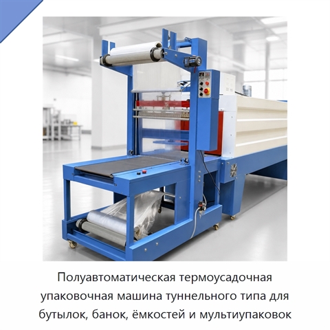 Полуавтоматическая термоусадочная упаковочная машина туннельного типа для бутылок, банок, ёмкостей и мультиупаковок