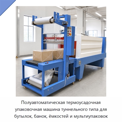 Полуавтоматическая термоусадочная упаковочная машина туннельного типа для бутылок, банок, ёмкостей и мультиупаковок