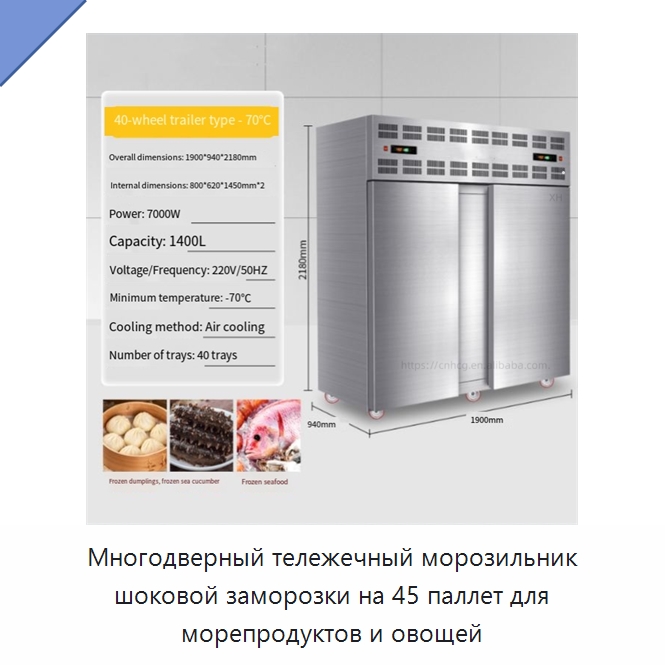 Многодверный тележечный морозильник шоковой заморозки на 45 паллет для морепродуктов и овощей