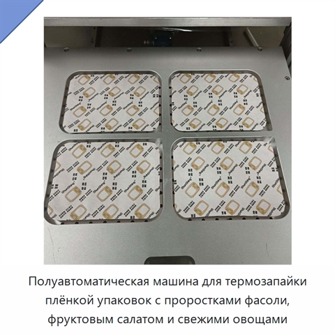 Полуавтоматическая машина для термозапайки плёнкой упаковок с проростками фасоли, фруктовым салатом и свежими овощами