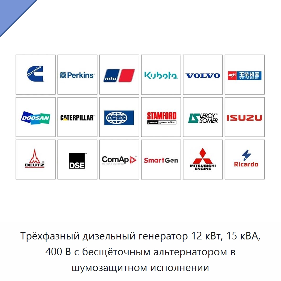 Трёхфазный дизельный генератор 12 кВт, 15 кВА, 400 В с бесщёточным альтернатором в шумозащитном исполнении — Дизельные генераторы