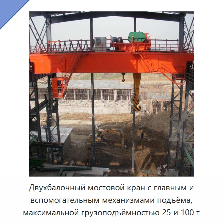 Двухбалочный мостовой кран с главным и вспомогательным механизмами подъёма, максимальной грузоподъёмностью 25 и 100 т — Краны