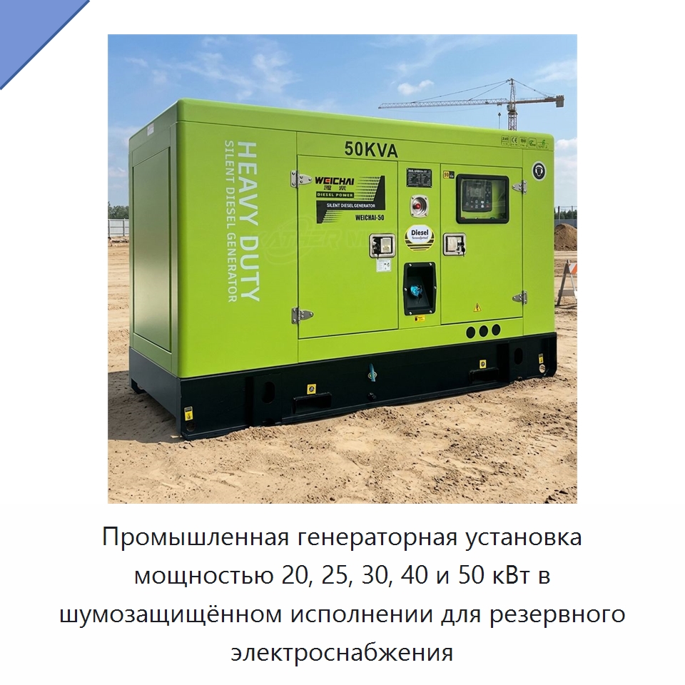 Промышленная генераторная установка мощностью 20, 25, 30, 40 и 50 кВт в шумозащищённом исполнении для резервного электроснабжения — Дизельные генераторы