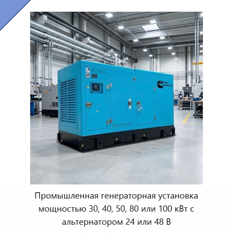 Промышленная генераторная установка мощностью 30, 40, 50, 80 или 100 кВт с альтернатором 24 или 48 В