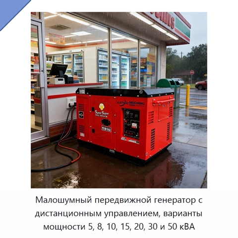 Малошумный передвижной генератор с дистанционным управлением, варианты мощности 5, 8, 10, 15, 20, 30 и 50 кВА