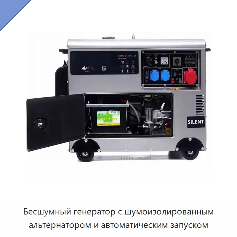 Бесшумный генератор с шумоизолированным альтернатором и автоматическим запуском