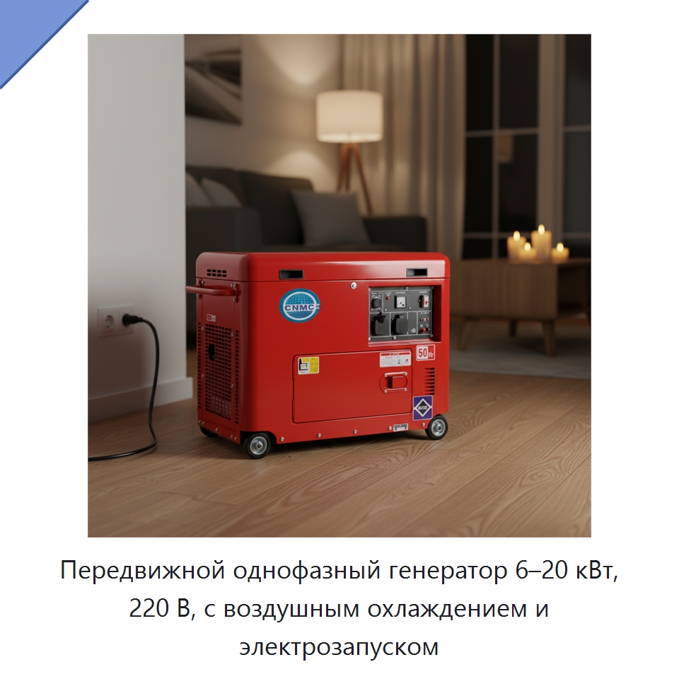 Передвижной однофазный генератор 6–20 кВт, 220 В, с воздушным охлаждением и электрозапуском