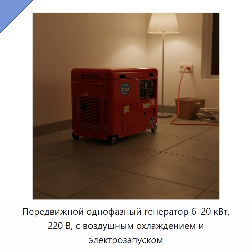 Передвижной однофазный генератор 6–20 кВт, 220 В, с воздушным охлаждением и электрозапуском