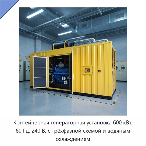 Контейнерная генераторная установка 600 кВт, 60 Гц, 240 В, с трёхфазной схемой и водяным охлаждением