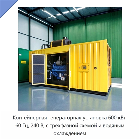 Контейнерная генераторная установка 600 кВт, 60 Гц, 240 В, с трёхфазной схемой и водяным охлаждением