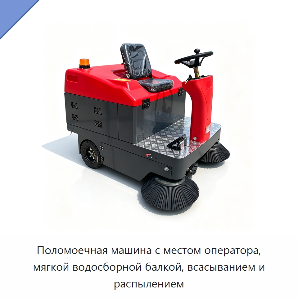 Поломоечная машина с местом оператора, мягкой водосборной балкой, всасыванием и распылением