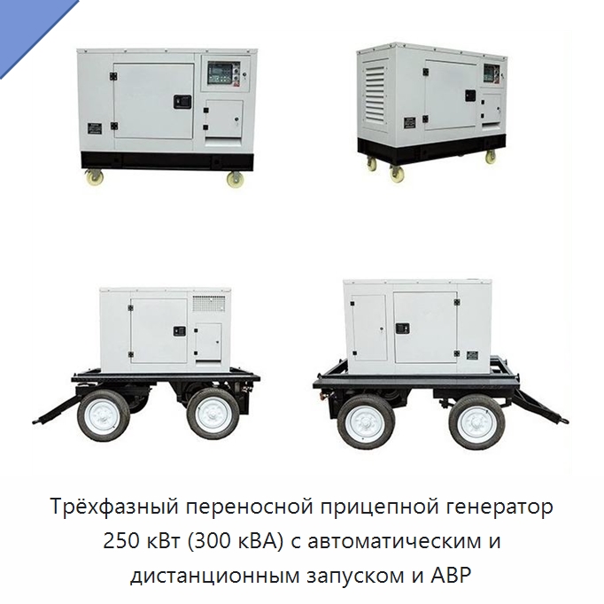Трёхфазный переносной прицепной генератор 250 кВт (300 кВА) с автоматическим и дистанционным запуском и АВР — Дизельные генераторы