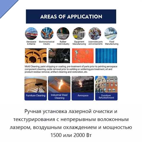 Ручная установка лазерной очистки и текстурирования с непрерывным волоконным лазером, воздушным охлаждением и мощностью 1500 или 2000 Вт