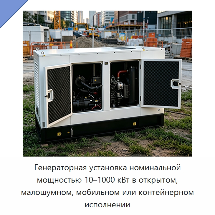 Генераторная установка номинальной мощностью 10–1000 кВт в открытом, малошумном, мобильном или контейнерном исполнении — Дизельные генераторы