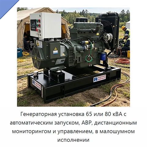 Генераторная установка 65 или 80 кВА с автоматическим запуском, АВР, дистанционным мониторингом и управлением, в малошумном исполнении