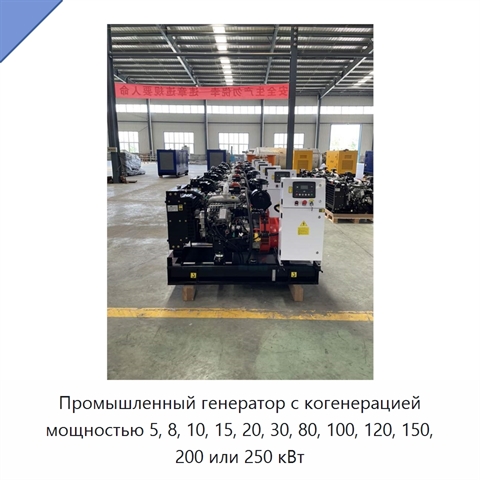 Промышленный генератор с когенерацией мощностью 5, 8, 10, 15, 20, 30, 80, 100, 120, 150, 200 или 250 кВт