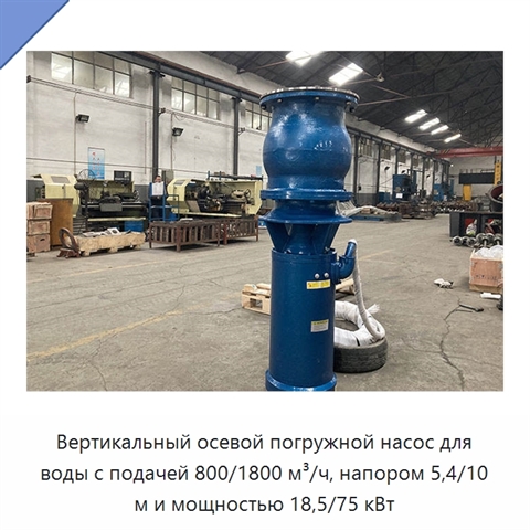 Вертикальный осевой погружной насос для воды с подачей 800/1800 м³/ч, напором 5,4/10 м и мощностью 18,5/75 кВт