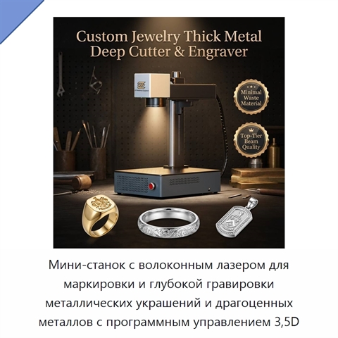 Мини-станок с волоконным лазером для маркировки и глубокой гравировки металлических украшений и драгоценных металлов с программным управлением 3,5D