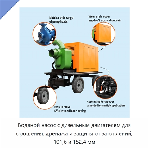 Водяной насос с дизельным двигателем для орошения, дренажа и защиты от затоплений, 101,6 и 152,4 мм