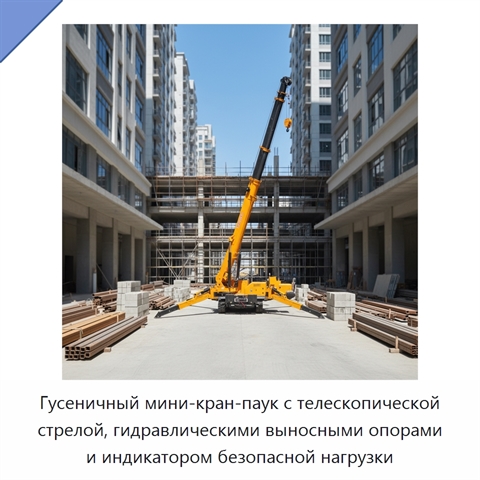 Гусеничный мини-кран-паук с телескопической стрелой, гидравлическими выносными опорами и индикатором безопасной нагрузки