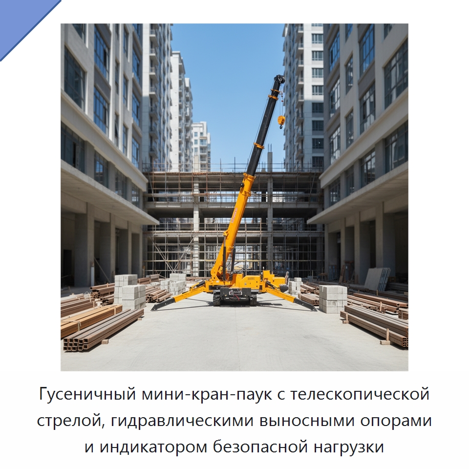 Гусеничный мини-кран-паук с телескопической стрелой, гидравлическими выносными опорами и индикатором безопасной нагрузки — Краны