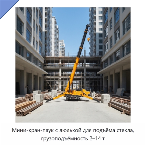 Мини-кран-паук с люлькой для подъёма стекла, грузоподъёмность 2–14 т
