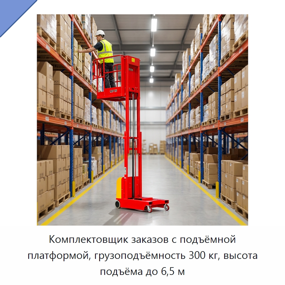 Комплектовщик заказов с подъёмной платформой, грузоподъёмность 300 кг, высота подъёма до 6,5 м — Подъемные столы