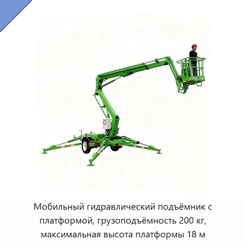 Мобильный гидравлический подъёмник с платформой, грузоподъёмность 200 кг, максимальная высота платформы 18 м
