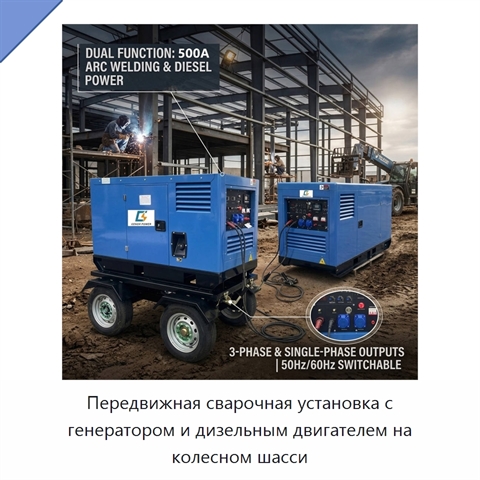 Передвижная сварочная установка с генератором и дизельным двигателем на колесном шасси