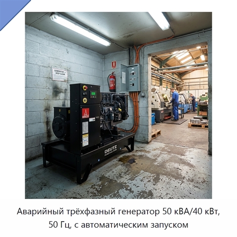 Аварийный трёхфазный генератор 50 кВА/40 кВт, 50 Гц, с автоматическим запуском