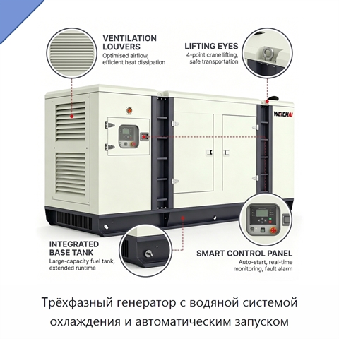 Трёхфазный генератор с водяной системой охлаждения и автоматическим запуском