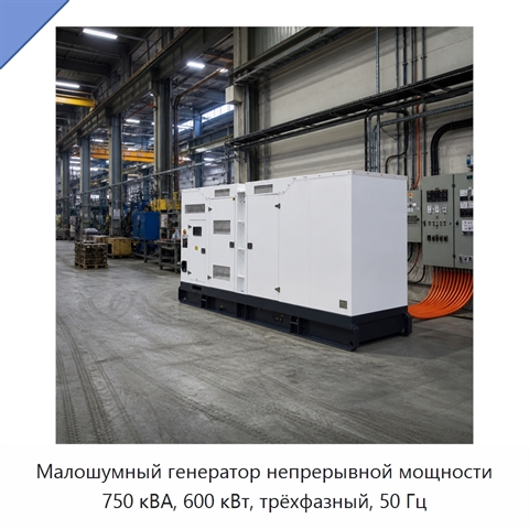 Малошумный генератор непрерывной мощности 750 кВА, 600 кВт, трёхфазный, 50 Гц