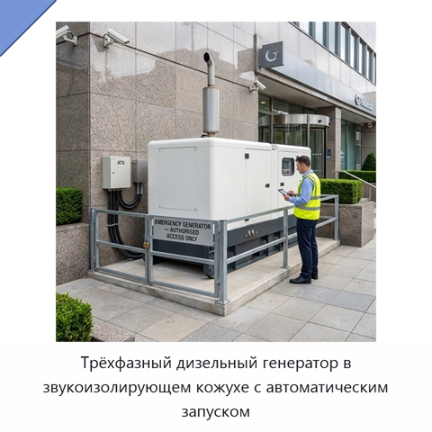 Трёхфазный дизельный генератор в звукоизолирующем кожухе с автоматическим запуском