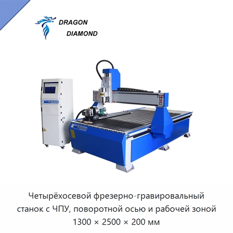 Четырёхосевой фрезерно-гравировальный станок с ЧПУ, поворотной осью и рабочей зоной 1300 × 2500 × 200 мм