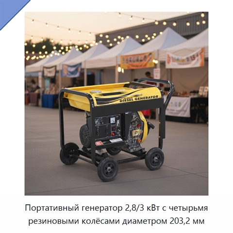 Портативный генератор 2,8/3 кВт с четырьмя резиновыми колёсами диаметром 203,2 мм