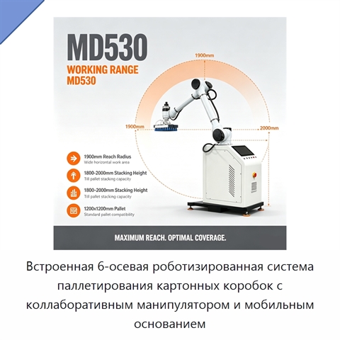 Встроенная 6-осевая роботизированная система паллетирования картонных коробок с коллаборативным манипулятором и мобильным основанием