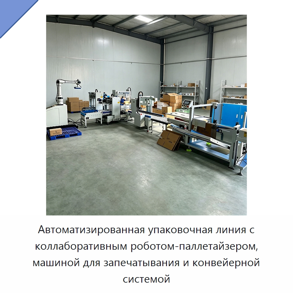 Автоматизированная упаковочная линия с коллаборативным роботом-паллетайзером, машиной для запечатывания и конвейерной системой — Коллаборативные роботы