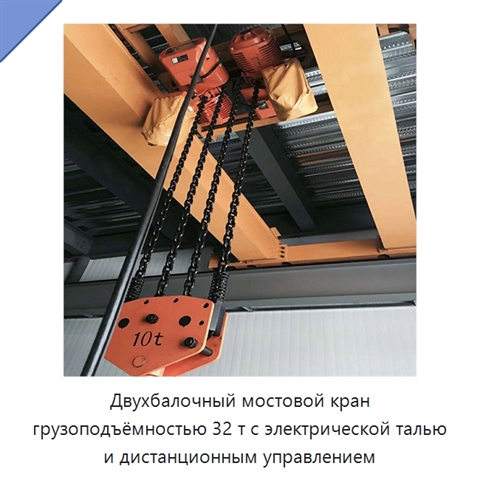 Двухбалочный мостовой кран грузоподъёмностью 32 т с электрической талью и дистанционным управлением