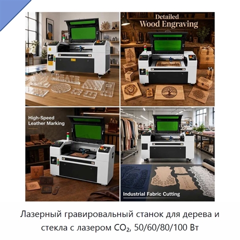 Лазерный гравировальный станок для дерева и стекла с лазером CO₂, 50/60/80/100 Вт