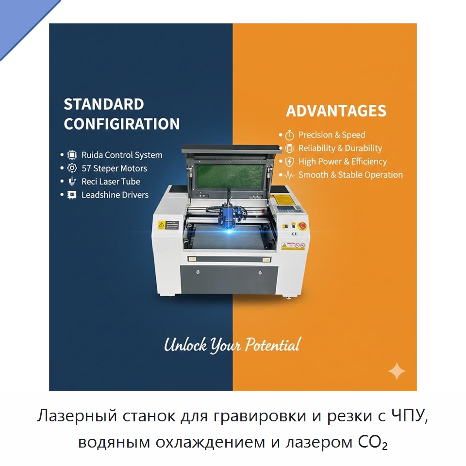 Лазерный станок для гравировки и резки с ЧПУ, водяным охлаждением и лазером CO₂ — Лазерные гравировальные станки