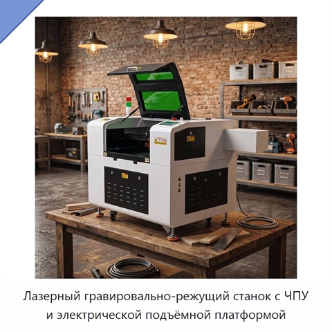 Лазерный гравировально-режущий станок с ЧПУ и электрической подъёмной платформой