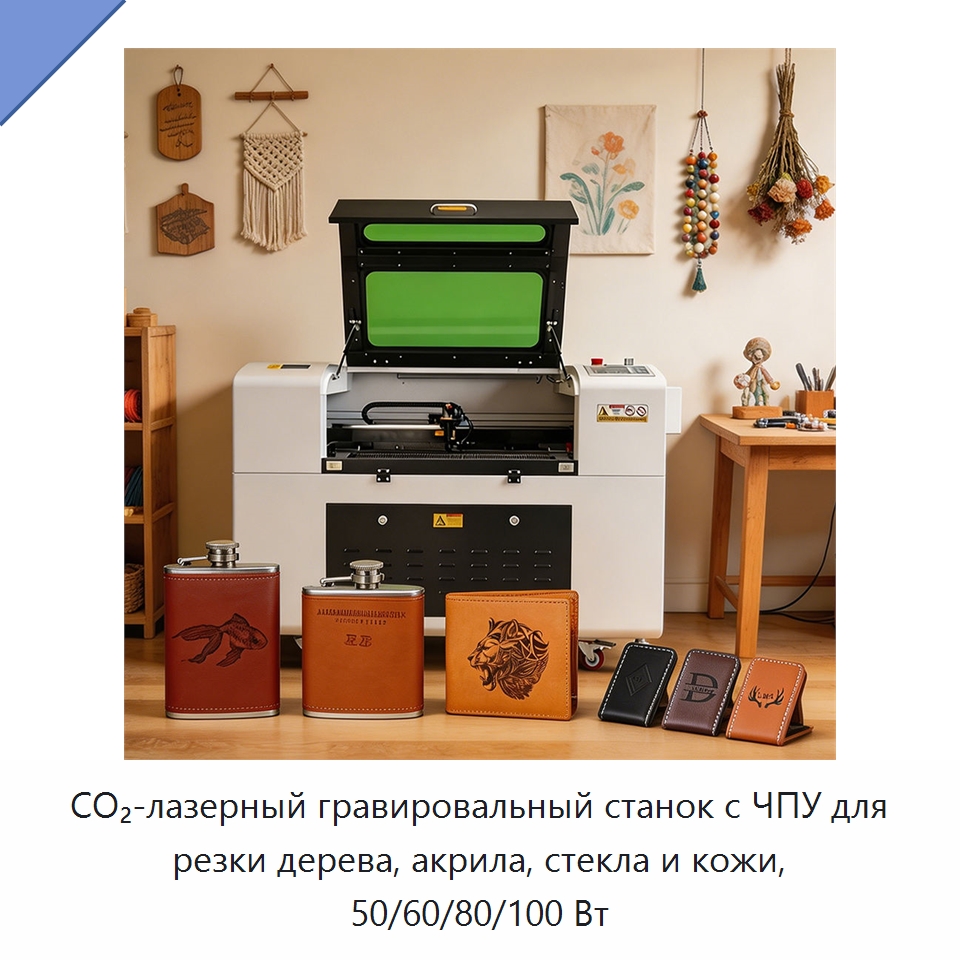 CO₂-лазерный гравировальный станок с ЧПУ для резки дерева, акрила, стекла и кожи, 50/60/80/100 Вт — Лазерные гравировальные станки