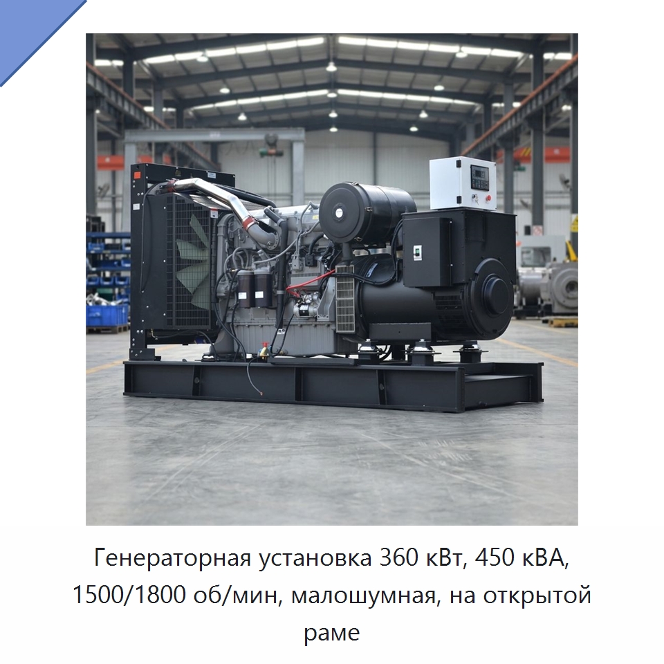 Генераторная установка 360 кВт, 450 кВА, 1500/1800 об/мин, малошумная, на открытой раме
