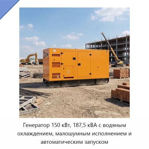 Генератор 150 кВт, 187,5 кВА с водяным охлаждением, малошумным исполнением и автоматическим запуском
