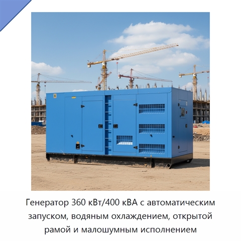 Генератор 360 кВт/400 кВА с автоматическим запуском, водяным охлаждением, открытой рамой и малошумным исполнением